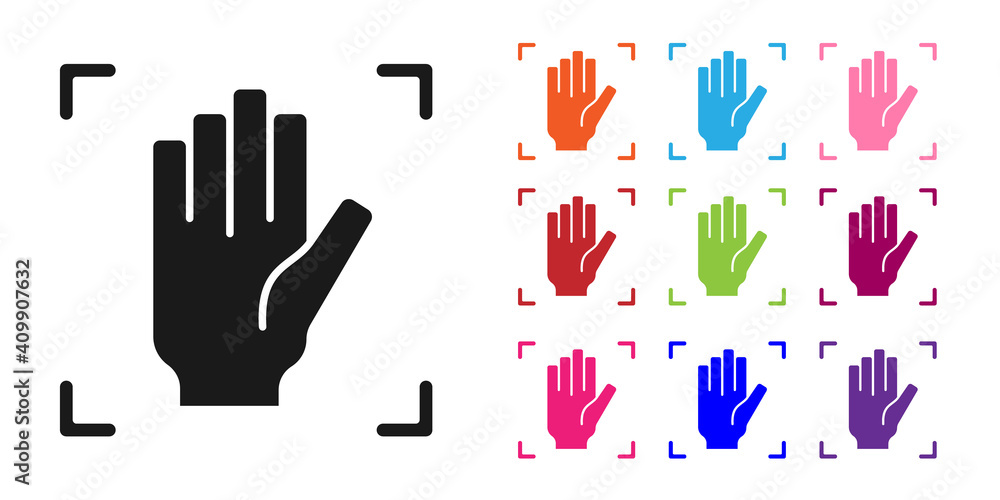 Poster Black Palm print recognition icon isolated on white background. Biometric hand scan. Fingerprint identification. System recognition and verification. Set icons colorful. Vector.