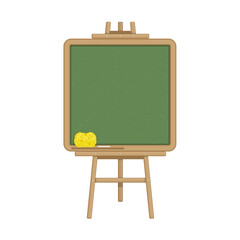 School board, yellow sponge and white chalk in flat style. Green chalkboard with wooden frame isolated on white background. College or university, education or business training concept.