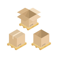 Fototapeta premium Isometric Cardboard Boxes On Wooden Pallet. Warehouse parts boxes on wood tray. Cargo box. Illustration in flat design isolated on white background.