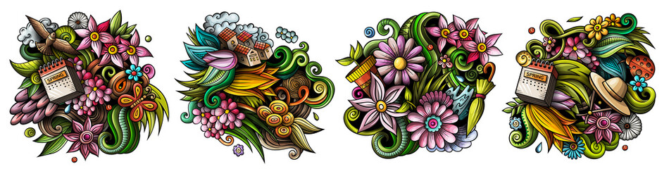 Spring cartoon vector doodle designs set.