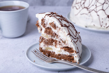 Pancho Cake. Homemade biscuit cake with sour cream and pineapple. Decorated with ganache.