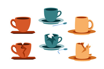 Set of flat illustrations of cups for tea and coffee on a white background, broken dishes, shards of mugs, crumpled teaspoon. A pogrom in the kitchen, a broken tea set, the repair of earthenware.