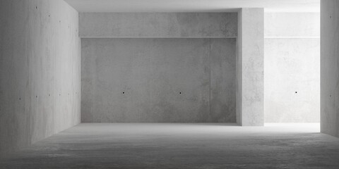 Abstract empty, modern concrete room with indirect lighting from right side wall, pillar and rough floor - industrial interior background template