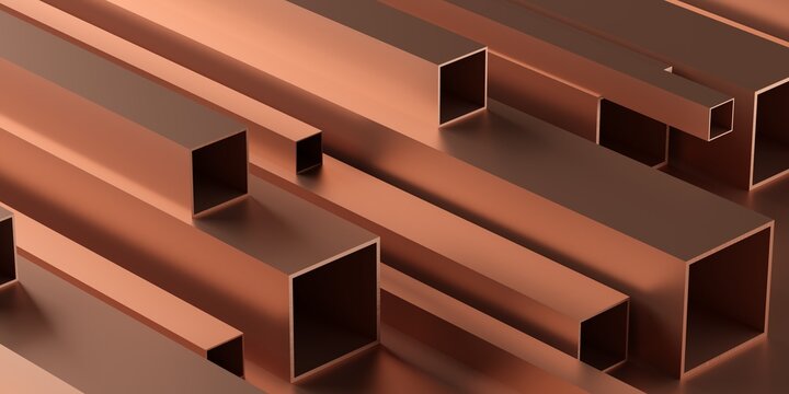 Copper square profiles stack or heap frame filling background, metal manufactoring or product concept