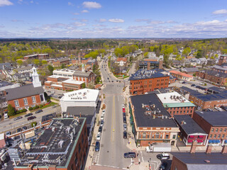 Aerial view of Historic center of Andover on Main Street in Andover, Massachusetts, MA, USA. 
