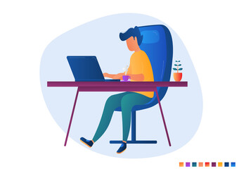 Online businessman concept illustration Working through the computer Home work-Online learning Online shopping. A man sitting and working with a laptop Business illustration