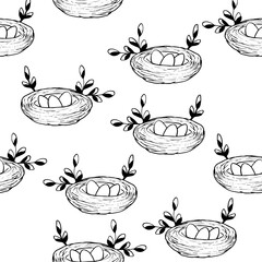 Seamless pattern with Bird's Nest, Easter eggs and branches isolated on white background. Natural interlacing. Black and white hand drawn logo. Doodle style. Outline vector illustration.