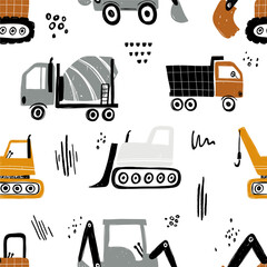 Vector hand-drawn seamless repeating children simple pattern with cars in Scandinavian style on a white background.Kids seamless pattern with building equipment. Funny construction transport © ZHUKO