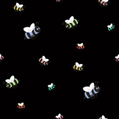 Cute cartoon bee seamless pattern. Hand drawn colorful bee. Vector illustration.