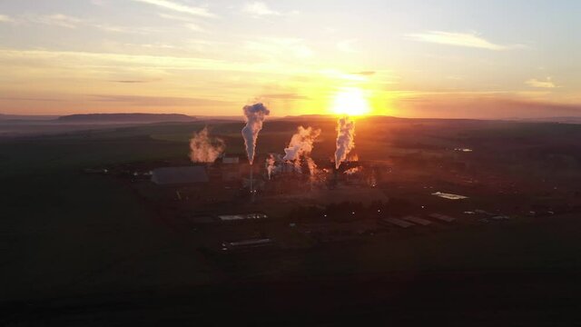 Beautiful aerial image alcohol plant, sugar factory, alcohol plant at sunset, aerial image sugar factory