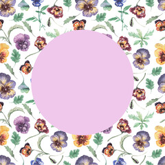Pansies, flowers, bloom, flora. Seamless pattern, print, textile. hand-drawn watercolor illustration. spring, summer, nature. Purple, yellow, pink