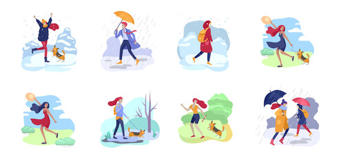 Fototapeta na wymiar People character in various weather conditions. Man and woman in seasonal clothes and enjoys walking on street in rain, snowfall, summer heat. Colorful vector cartoon