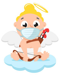 Obraz na płótnie Canvas Cupid in a medical mask with a bow sits on a cloud. Character, Valentines Day