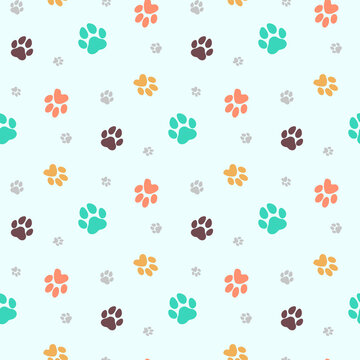 Cat and dog paw pattern. Seamless design. Colorful paws. Vector illustration.