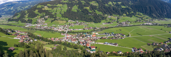 360 Panorama Aerial view of Zillertal Valley village in sunny summer afternoon in Tyrol Austria