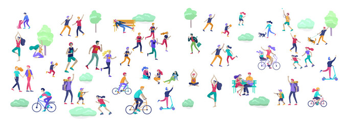 Fototapeta na wymiar People Spending Time, Relaxing on Nature, family and children performing sports outdoor activities at park, walking dog, doing yoga, riding bicycles, tennis workout. Cartoon vector illustration