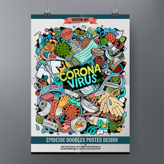 Cartoon colorful hand drawn doodles Coronavirus poster
