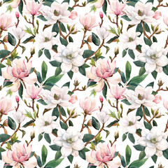 Beautiful vector seamless pattern with hand drawn watercolor gentle white and pink magnolia flowers. Stock illustration. © zenina