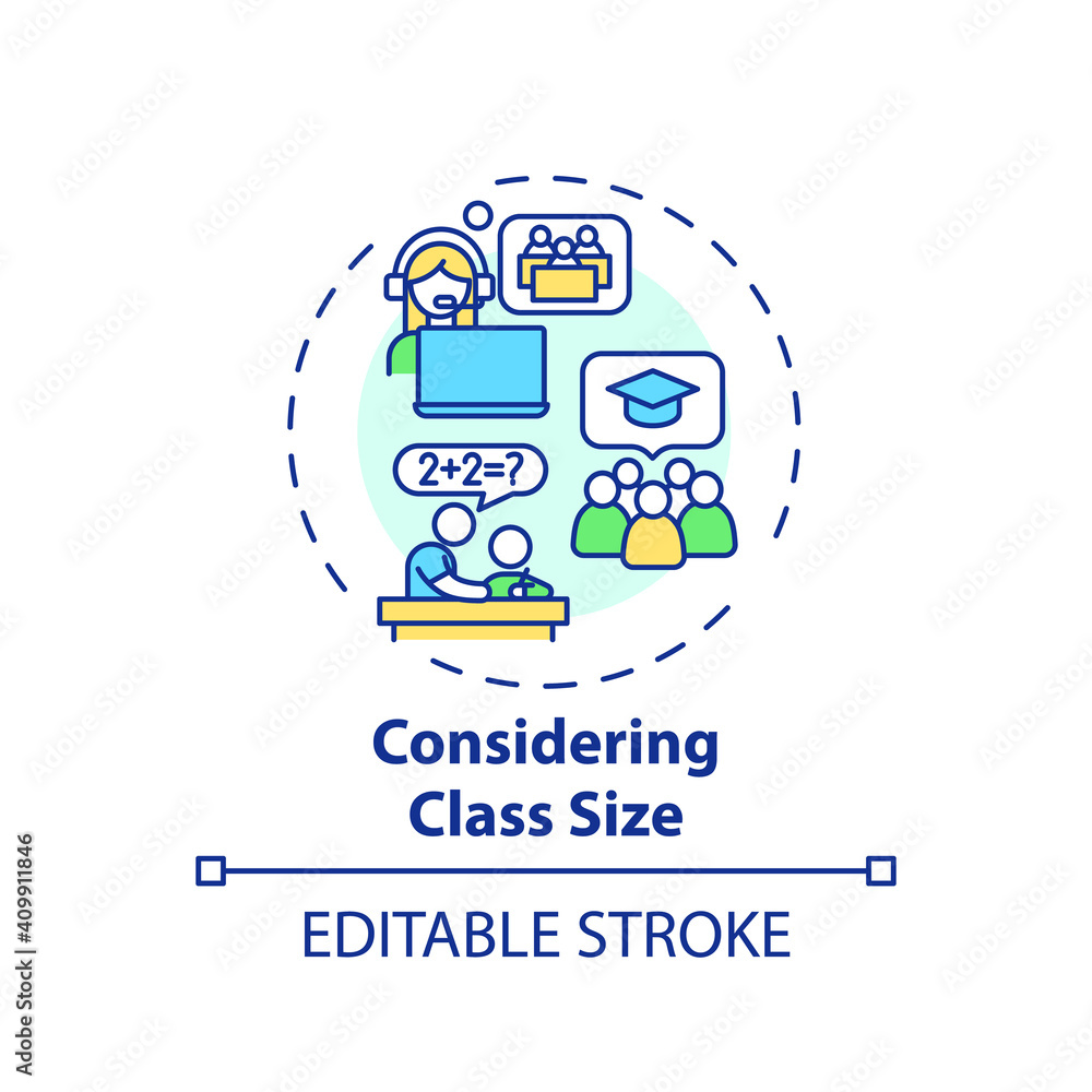 Aufkleber considering class size concept icon. online teaching tips. best size of learning space for best prod