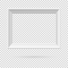 Presentation rectangular picture frame design element with shadow on transparent background. 3D Board Banner wall on isolated clean blank. Vector illustration EPS 10 for photo, image, text