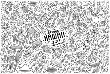 Vector doodle cartoon set of Hawaii objects and symbols