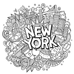 New York hand drawn cartoon doodle illustration. Funny City design.