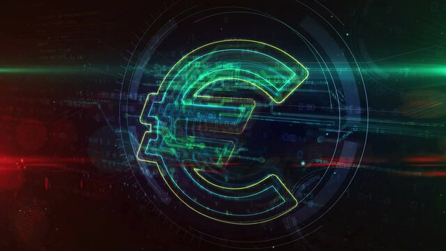 Euro symbol. Glowing eu currency sign. Concept of money, crisis, finance, debt and economy in Europe. Futuristic abstract 3d rendering animation.
