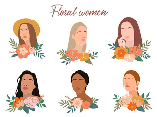 set of abstract women's illustrations decorated with flowers on white background. Good for posters, prints, cards, stickers decor. Feminism, international women's day theme.