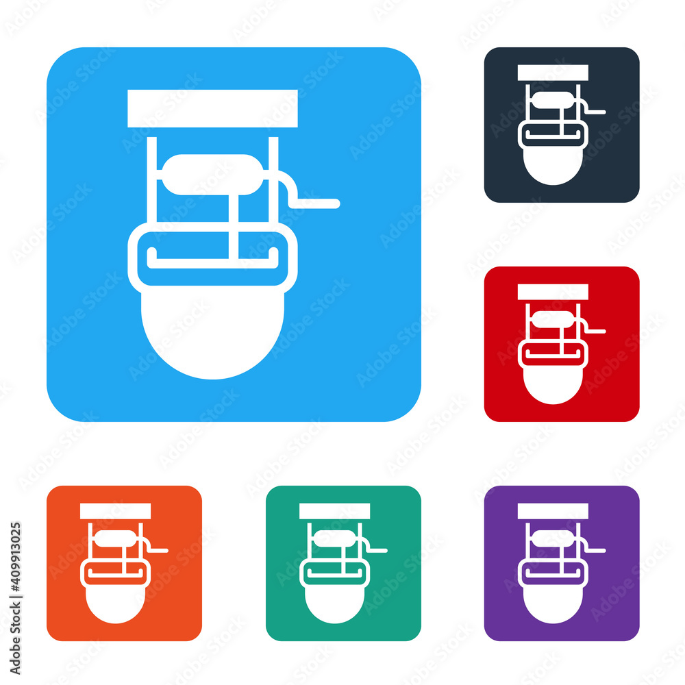 Poster white well with a bucket and drinking water icon isolated on white background. set icons in color sq