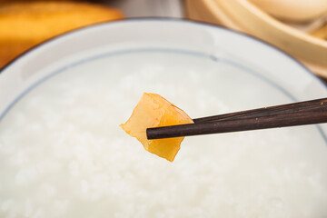 Chinese porridge breakfast set, fried dough sticks, white porridge,