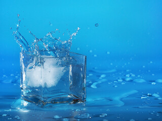 Fototapeta na wymiar ice cube with splashes of water on a blue background