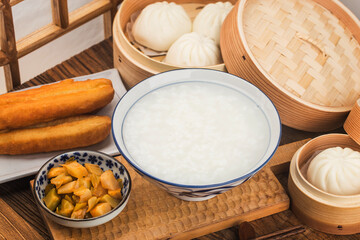 Chinese porridge breakfast set, fried dough sticks, white porridge,