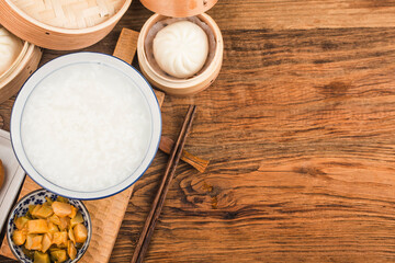 Chinese porridge breakfast set, fried dough sticks, white porridge,