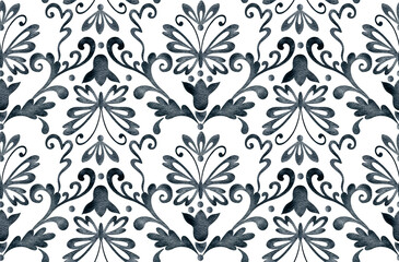 Blue gray damask seamless pattern on a white background. Floral ornament in the antique style. Flowers, butterflies and decorative swirls. Vintage wallpaper and fabric design