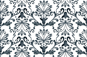 Obraz premium Blue gray damask seamless pattern on a white background. Floral ornament in the antique style. Flowers, butterflies and decorative swirls. Vintage wallpaper and fabric design