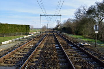 Fototapeta premium Railroad tracks in the Netherlands countryside fading into a diminishing perspective in the far distance