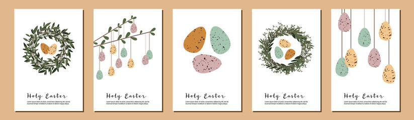 Set of Easter cards. Cute easter egg, nest, branch and leaves. Eco decoration. Vector flat cartoon illustration. Perfect for poster, print, card, invitation, greeting, tag