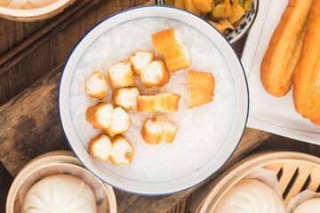 Chinese porridge breakfast set, fried dough sticks, white porridge,