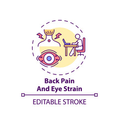 Back pain and eye strain concept icon. Online english teaching challenges. Health problems after long work idea thin line illustration. Vector isolated outline RGB color drawing. Editable stroke