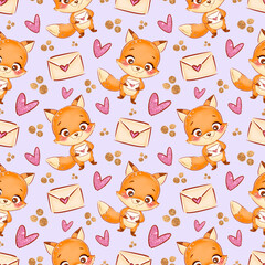 Valentine's Day Fox Seamless Pattern. Animals in love digital paper.