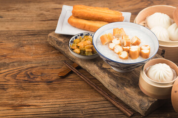 Chinese porridge breakfast set, fried dough sticks, white porridge,