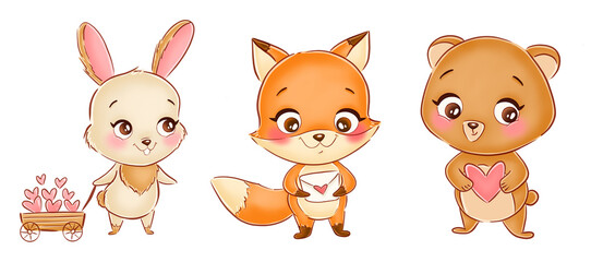 Valentines day animals in love bunny rabbit bear fox