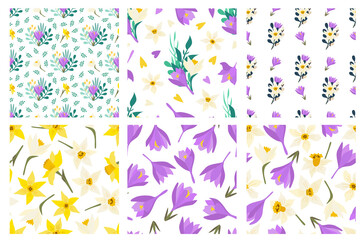 Set of floral seamless patterns with spring flowers. Narcissus, crocus, daffodil, easter bouquet. Isolated vector illustration. Background for wrapping paper, textile, wallpaper. Flat cartoon design.