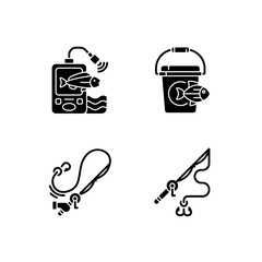 Tools for fishing black glyph icons set on white space. Special fishers equipment. Hobby and leasure activity. Casting spinning. Rod with hooks. Silhouette symbols. Vector isolated illustration