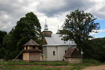 Fototapeta na wymiar Greek-catholic church in Lopienka - former and abandoned village in Bieszczady Mountains, Poland 