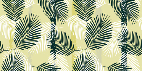 Tropical pattern, palm leaves seamless vector floral background. Exotic plant on green stripes. Summer nature jungle print. Leaves of palm tree on paint lines. brush strokes