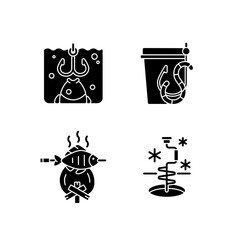 Cooking freshly caught fish black glyph icons set on white space. Winter fishing. Live bait. Hobby and leisure activity. Outdoor cooking. Sea food. Silhouette symbols. Vector isolated illustration