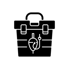 Tackle box black glyph icon. Fishing suitcase. Fishing gear. Leisure. Container with rods, floats, hooks, baits. Special equipment. Silhouette symbol on white space. Vector isolated illustration