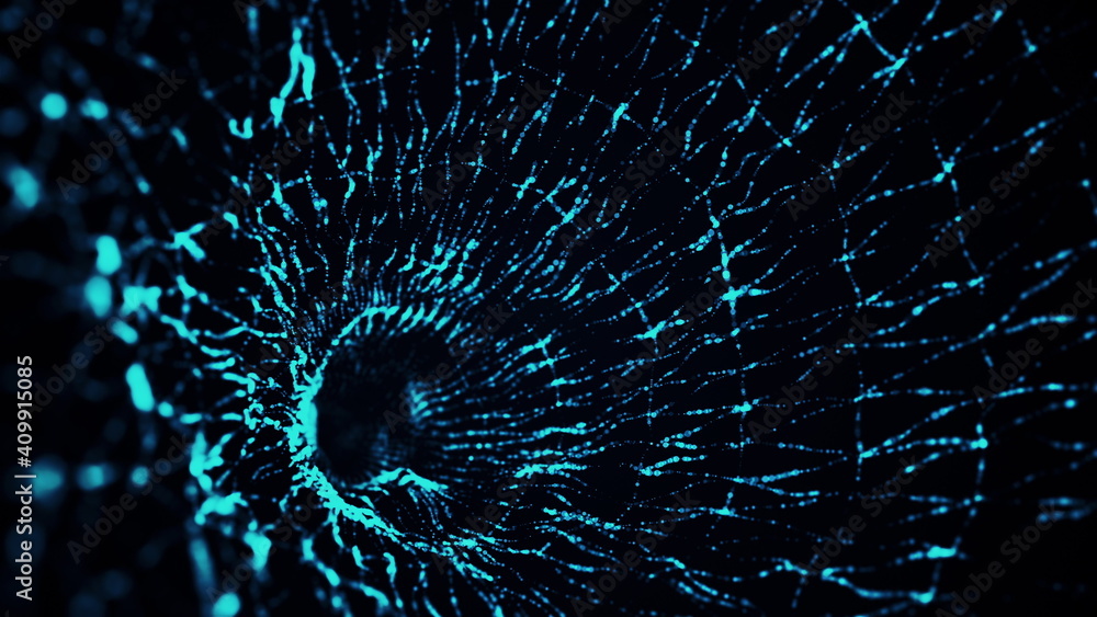 Poster computer generated blue gaseous shape from particles with depth of field. 3d rendering of abstract g