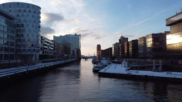 Hafencity in Hamburg, shot with drone in winter